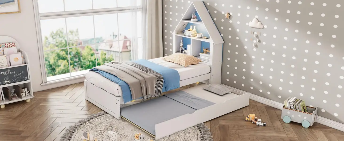 House-Shaped Twin Bed with Bookcase Headboard & Light, Includes Trundle - for kids Blue & White Furniture