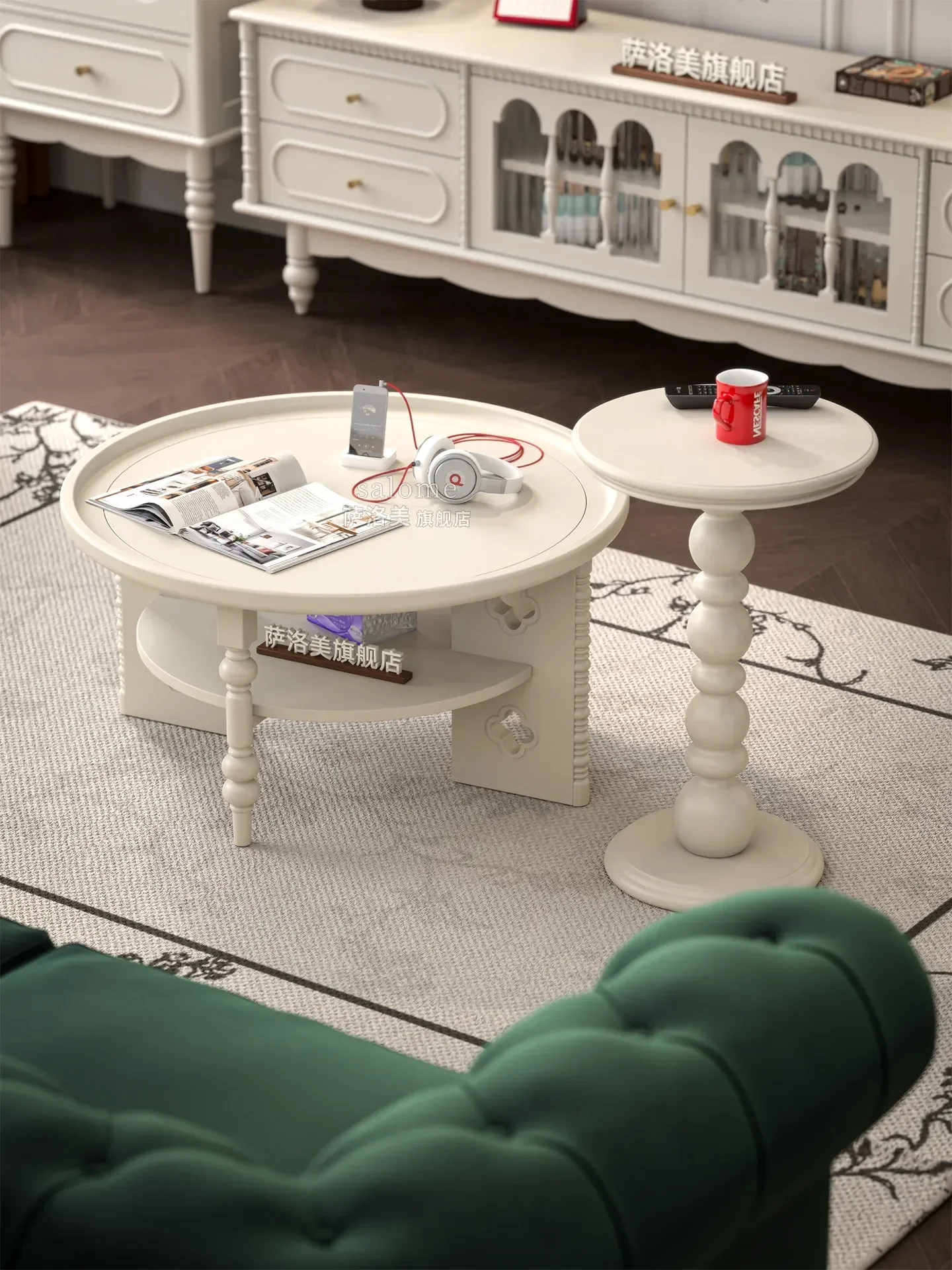 Cream Wind Solid Wood Round Coffee Table Living Room Household Small Apartment Sofa Coffee Tableb22D22