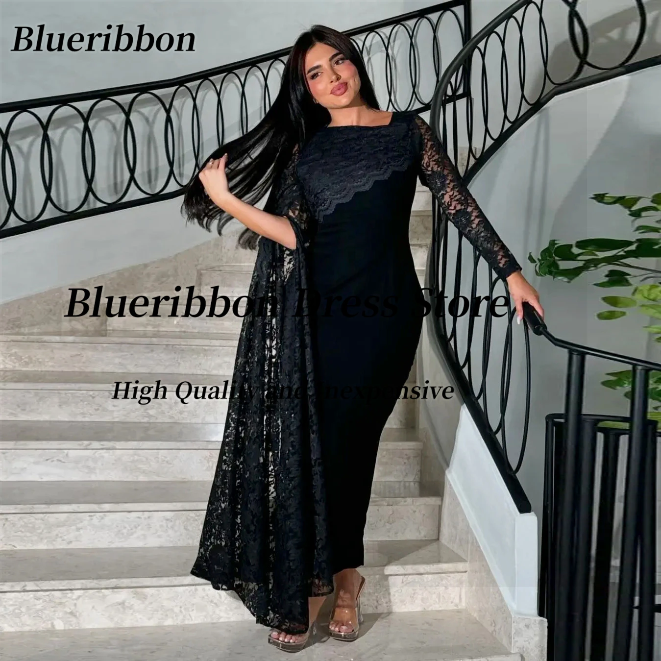 Blueribbon Black Prom Dresses Lace Long Sleeves Customized Zipper Back Slit Vestidos Des Fiesta Saudi Evening Party Dress