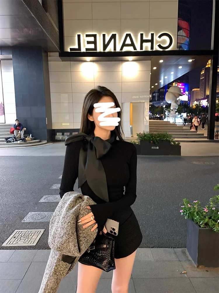 Korean Style Long Sleeve T-Shirt Women's  Knot Tie Design Base Shirt Inner Wear Commute Wind Slim Fit Polyester Fiber