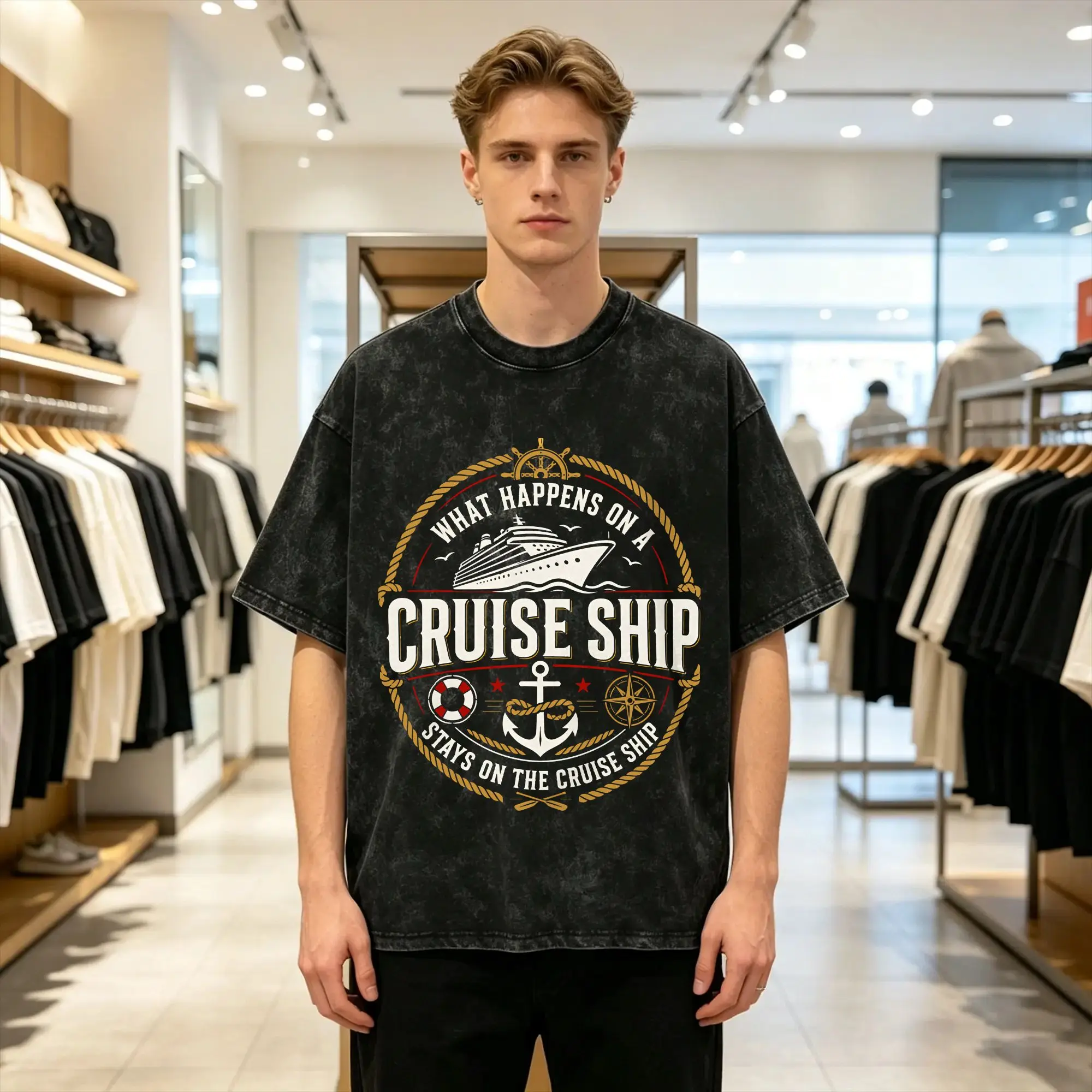What Happens On A Cruise  Washed T-Shirt Mens  Street Style Cotton T-Shirts Summer O-Neck Popular Tees Print Oversized Tops
