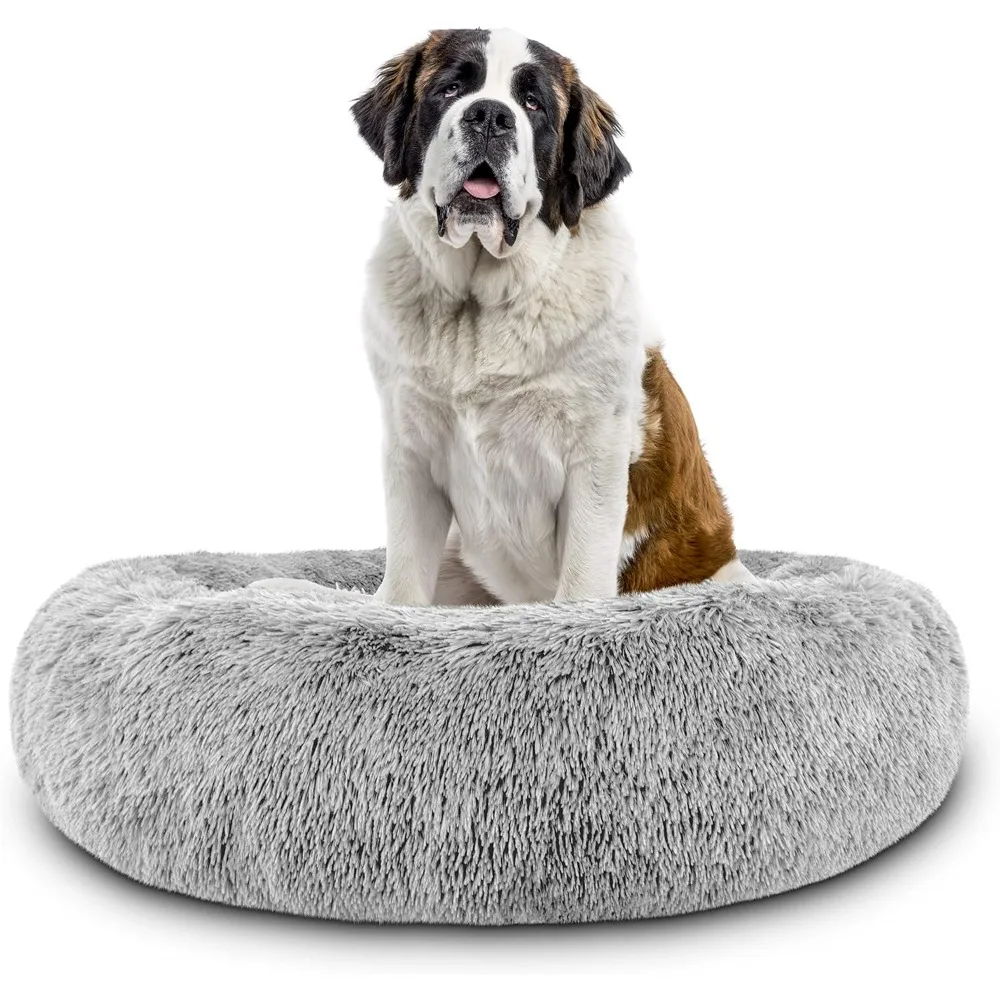 

Bed Sound Sleep Donut Dog Bed, XXL Silver Grey Plush Removable Cover Calming Nest Bed