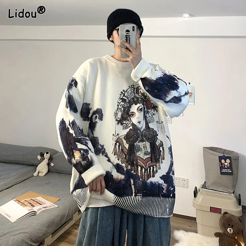Linha estilo chinês masculina com gola redonda, suéter estampado, casual solto, pulôver de malha, moda primavera e outono, novo, 2023