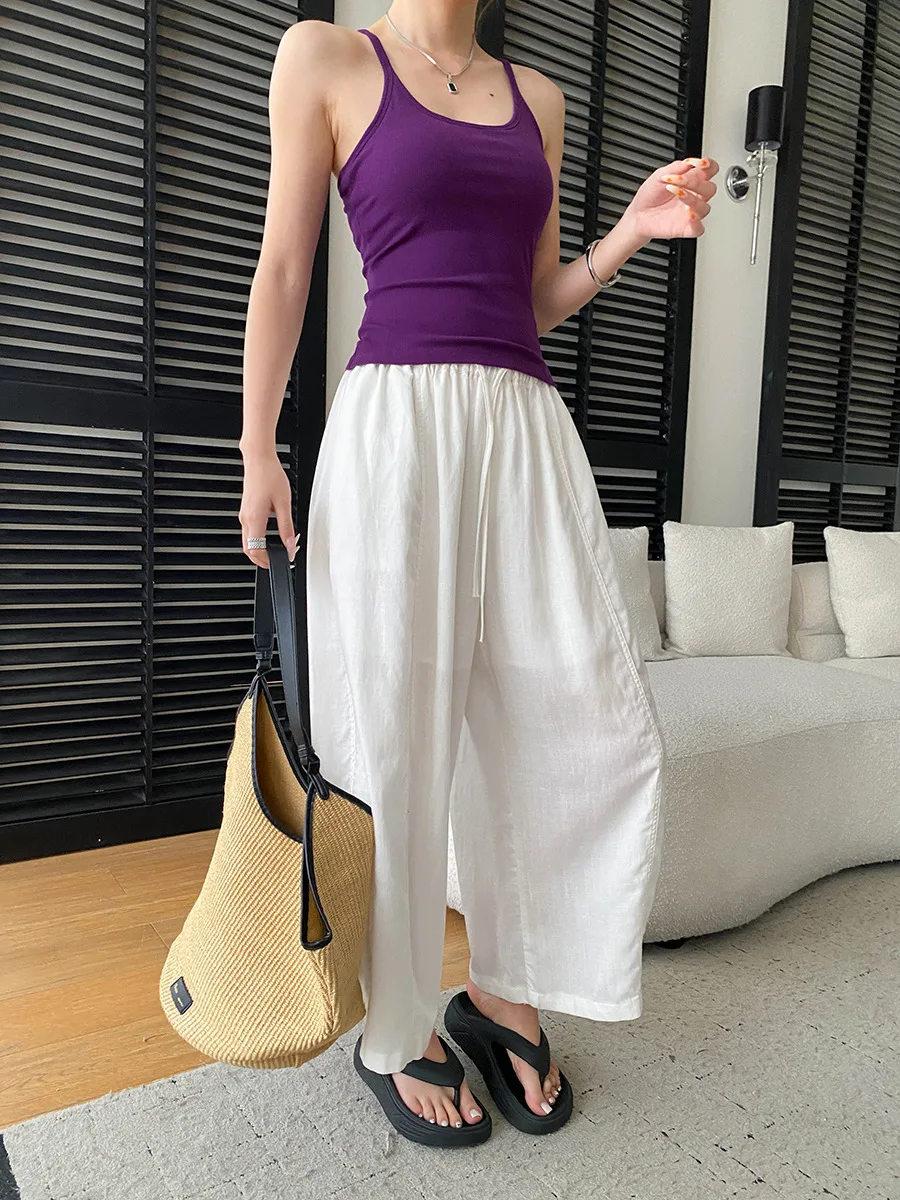 Sommerliche High-Waist-Hose mit weitem Bein für Damen, lässige, einfarbige, locker sitzende Hose – Detail 22