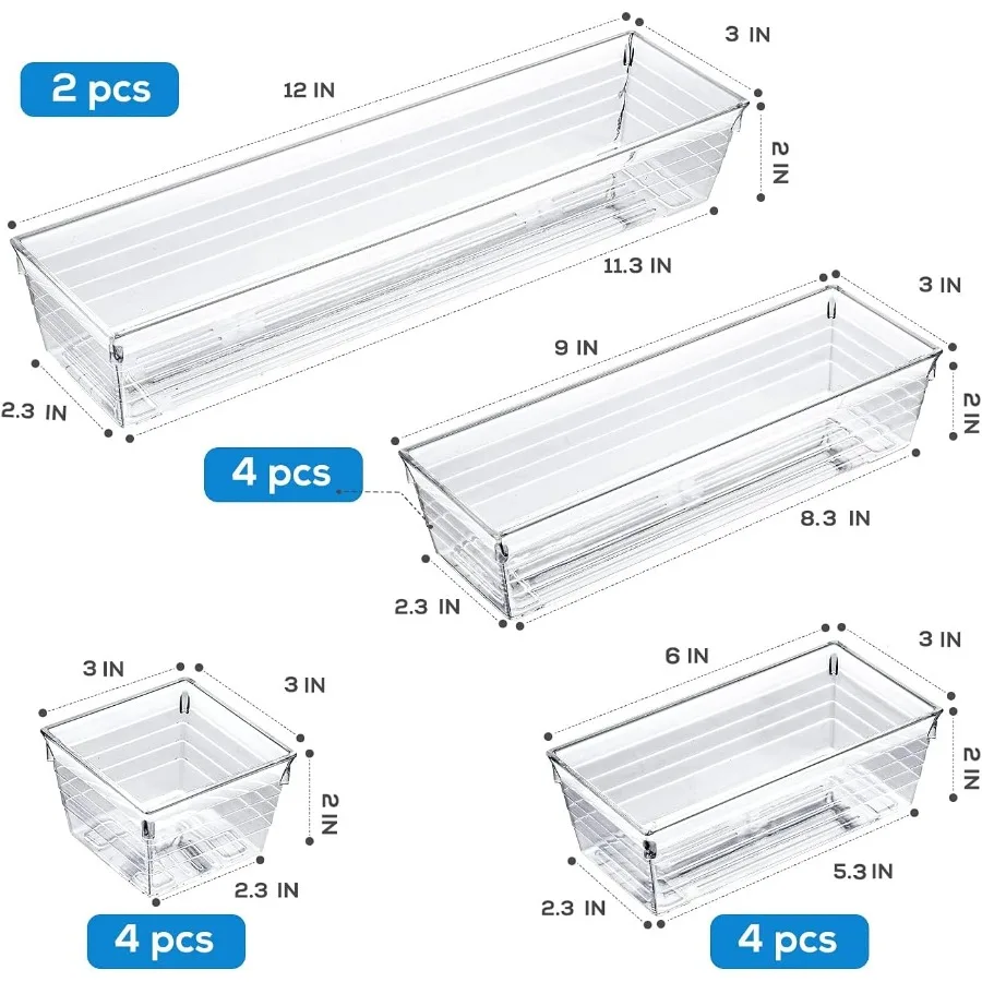 14 PCS Clear Plastic Drawer Organizer Tray for Makeup Kitchen Utensils Jewelries and Gadgets