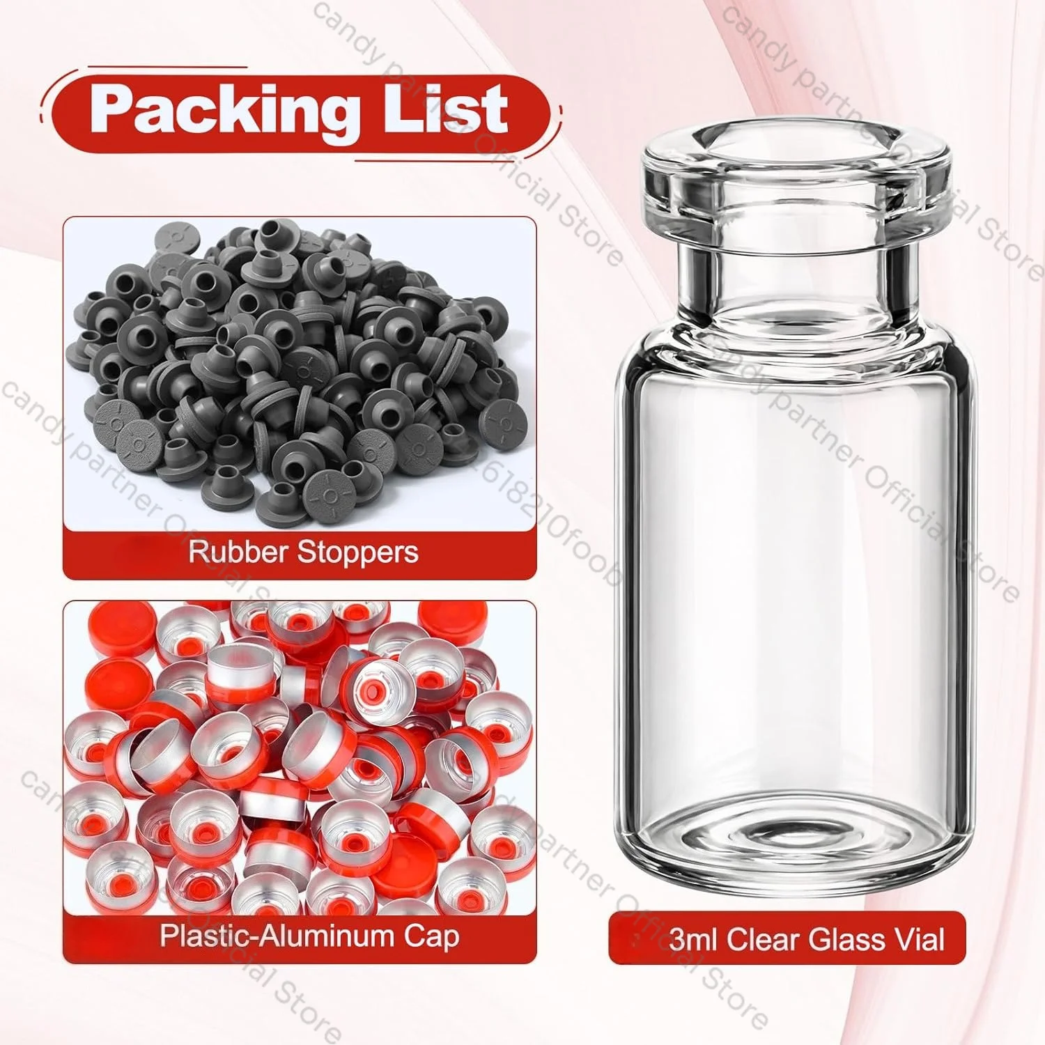 200 Stück 2/3ml Glasfläschchen, Klare Leere Glasfläschchen für Injektionen mit Kunststoff-Aluminium-Klappverschlüssen und Gummi-Injektionsstopfen, flach – Detail 4