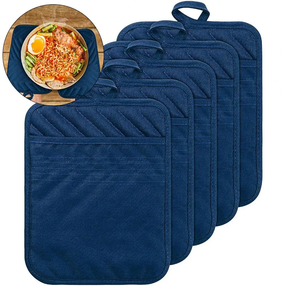 5Pack Cotton Pocket Pot Holder Set Kitchen Heat Resistant Potholder Machine Washable Terry Cloth Potholder Bulk Oven Mitts Black