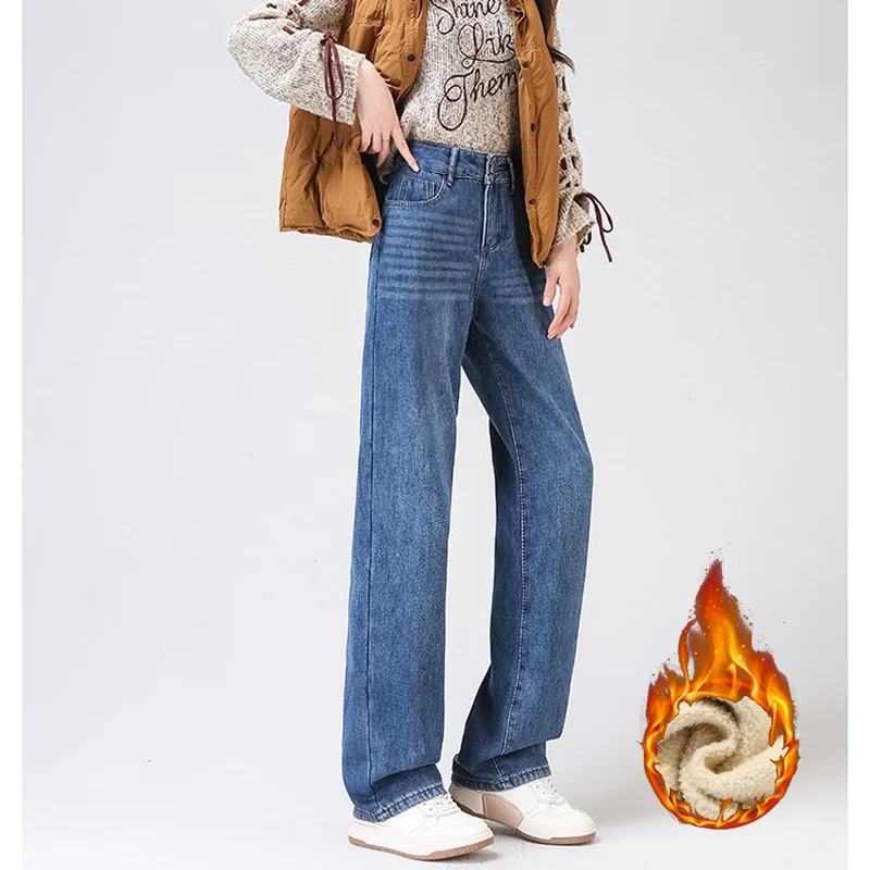2026 Winter Female Thin Snow Warm Plush Jeans Girls Thicken Fleece Straight Leg Pants Women High Waist Slim Fit Trousers