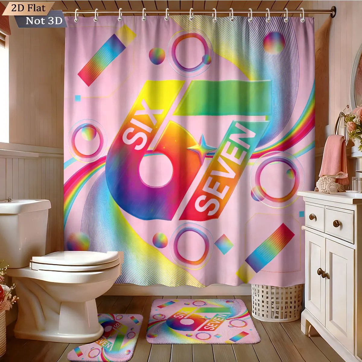

4pcs Color 67 Element Printed Bathroom Set 180x180 Waterproof Shower Curtain With 12 Hooks Floor Mat Toilet Mat, U-Shaped Mat