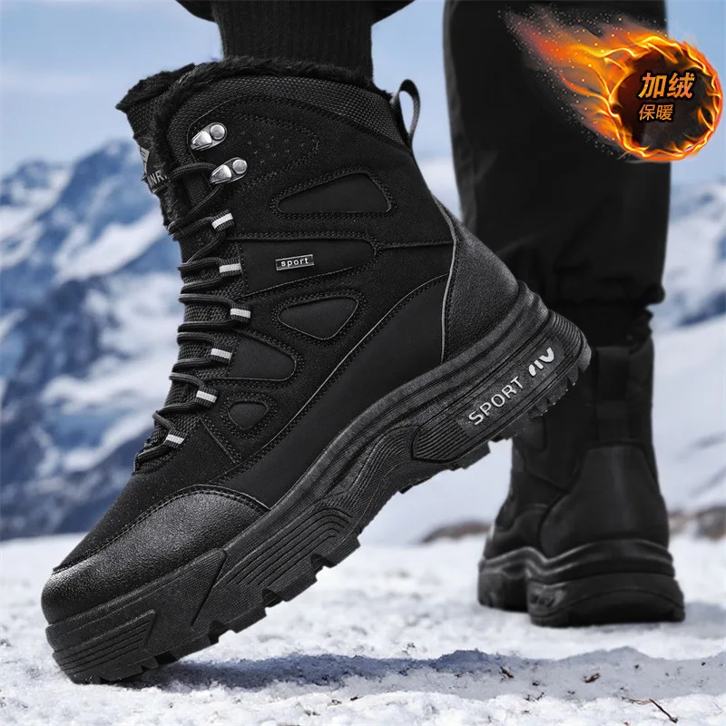 Zimowe męskie buty 2025 Nowe wysokie buty ocieplane bawełną, pluszowe, ciepłe śniegowce, antypoślizgowe buty trekkingowe dla mężczyzn, zimowe wysokie sneakersy