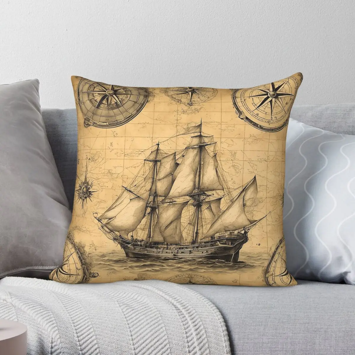 Nautical Ship Compass Rose Square Pillowcase Polyester Linen Velvet Pattern Zip Decor Pillow Case Sofa Cushion Cover