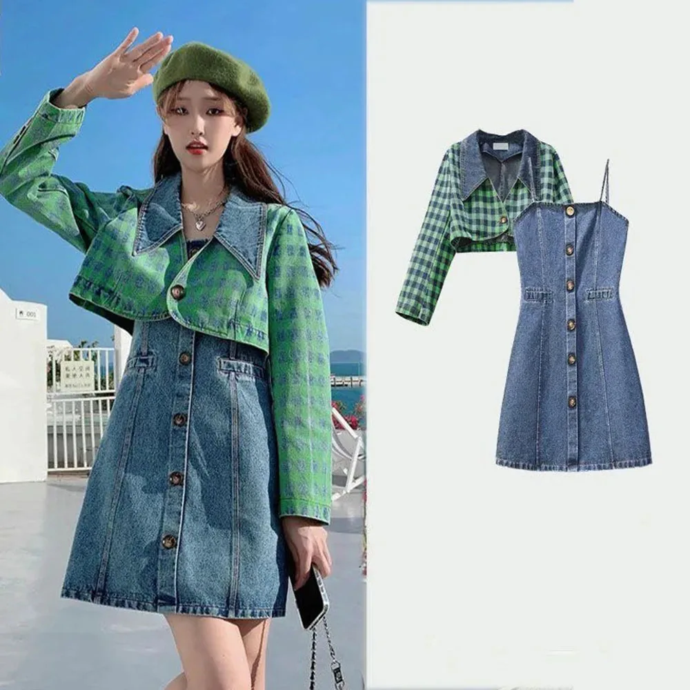 

Милый осенний костюм контрастного цвета с воротником поло, тонкая джинсовая куртка, юбка трапециевидной формы, комплект из двух предметов, женский пояс, темпераментные мини-джинсовые юбки