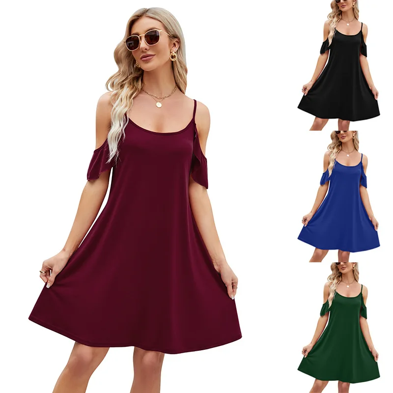 

YJKDYK Women's Summer Sundresses Female Casual Camisole Vest Off Shoulder Ruffle Sleeves Dress Women's Beach Dress Summer Dress