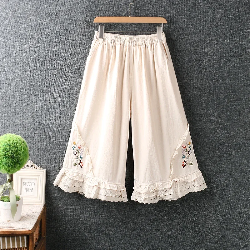 

Summer Japanese Style Mori Gir Sweet Floral Embroidery Loose Wide Leg Pants Women Elastic Waist Vintage Cotton Linen Trousers