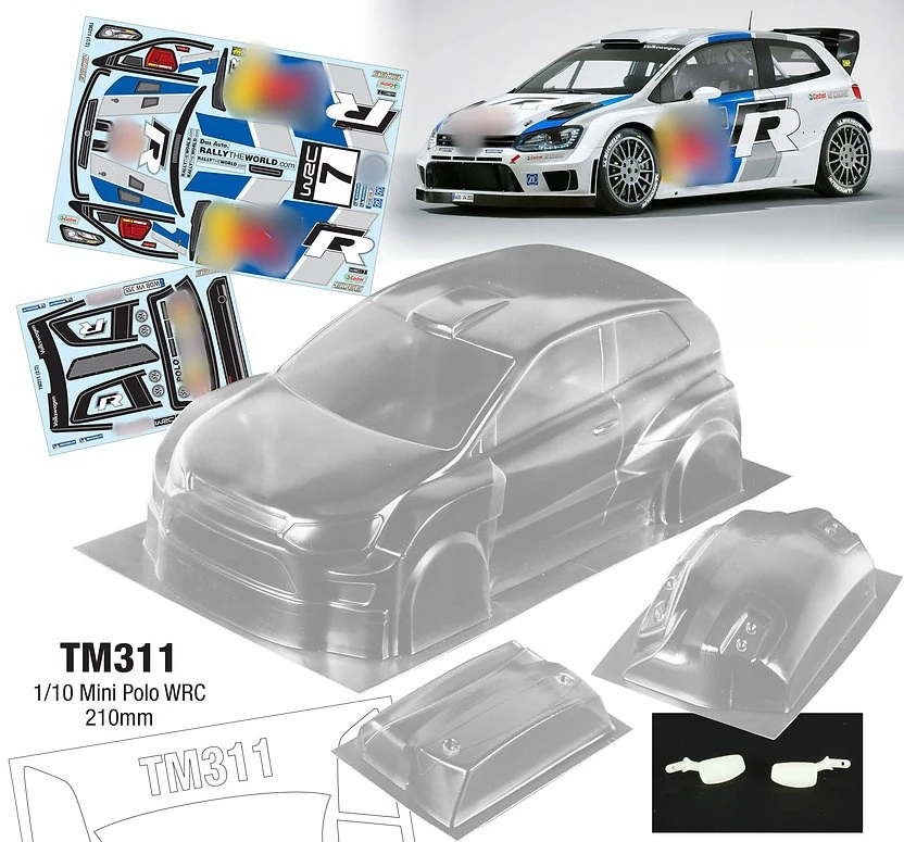 TM311 1/10 Polo WRC Clear Lexan Body shell W/Rear Wing + Light Buckles and Mirrors for 1/10 Mini Chassis 210mm Wheelbase Tamiya