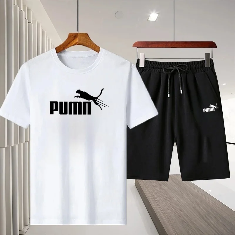 

Men's high-quality cotton printed short-sleeved T-shirt + jogging shorts set, breathable summer casual fitness sportswear set