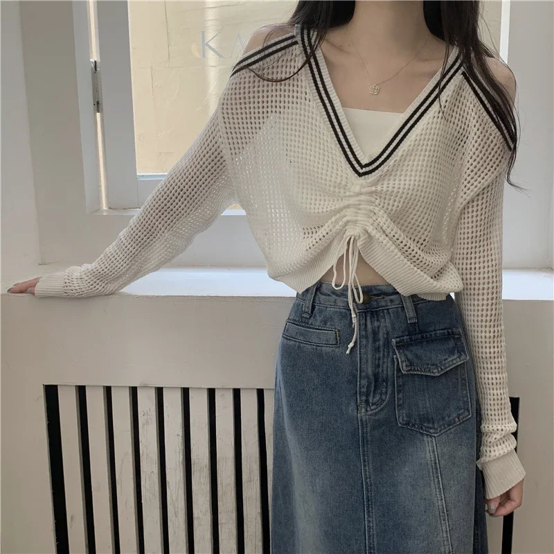 V-Neck Hollow Out Knitwear Top Women Summer Design Long Sleeve Off Shoulders Drawstring Thin Fashion New Loose Knitted Blouse