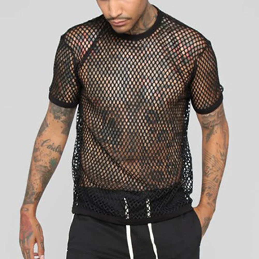 Tee Men Shirts Comfortable High Quality T Shirts Tops Autumn Transparent Fish Net Mesh Net Nightclub See Through