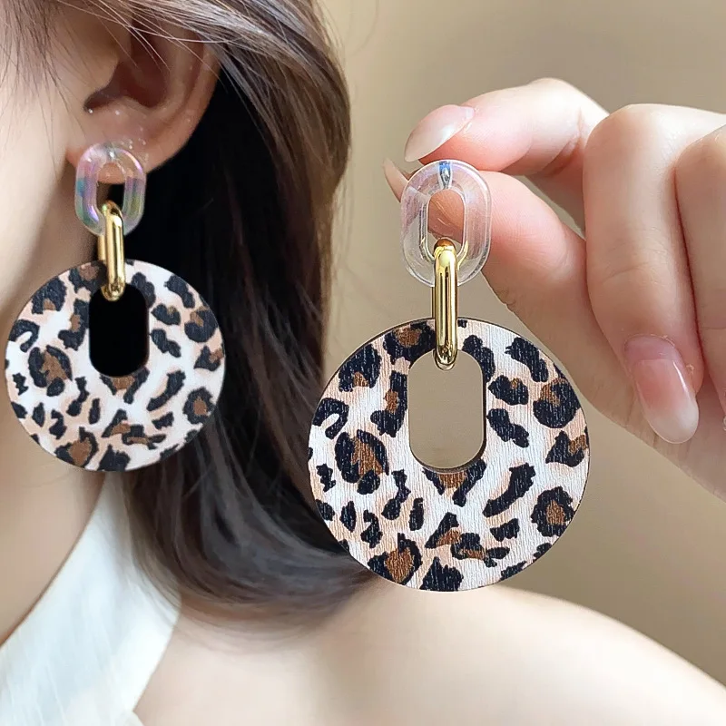 Viintage Leopard Print Cross Drop Earrings Big Circle Hoops Geometric Round Square Earrings Sexy Women's Ear Jewelry Gift