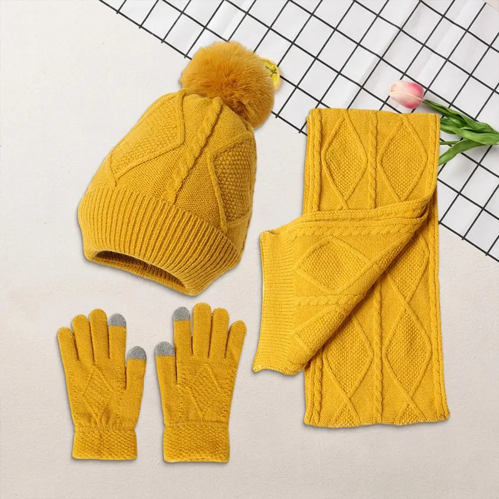 Hat Scarf Glove Set for Weather 3pcs Women Winter Hat Scarf Gloves Set with Plush Ball Rhombus Texture Knitting Long Scarf Touch