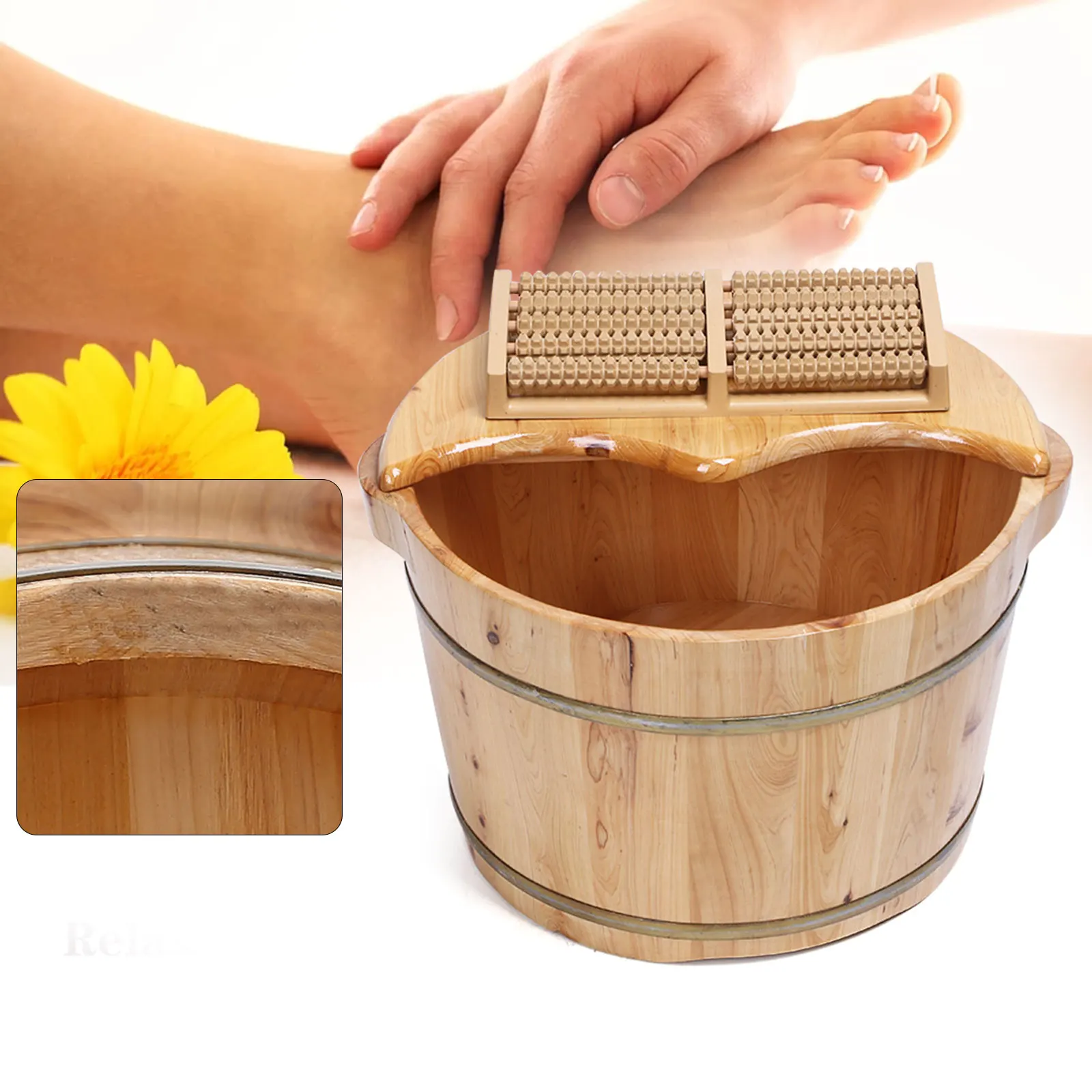 

10.36LB Cedar Wood Color Portable Bath Foot Basin Wood Pedicure Spa Bucket W/ Cover & Plate Massager