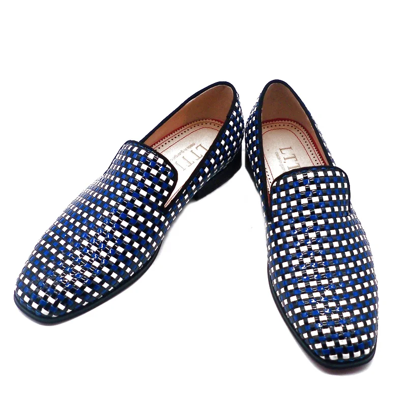 New Fashion Hand Knitting Mixed Colors Patent Leather Loafers Men Casual Shoes Slip On Dress Shoes Flats Summer Shoes