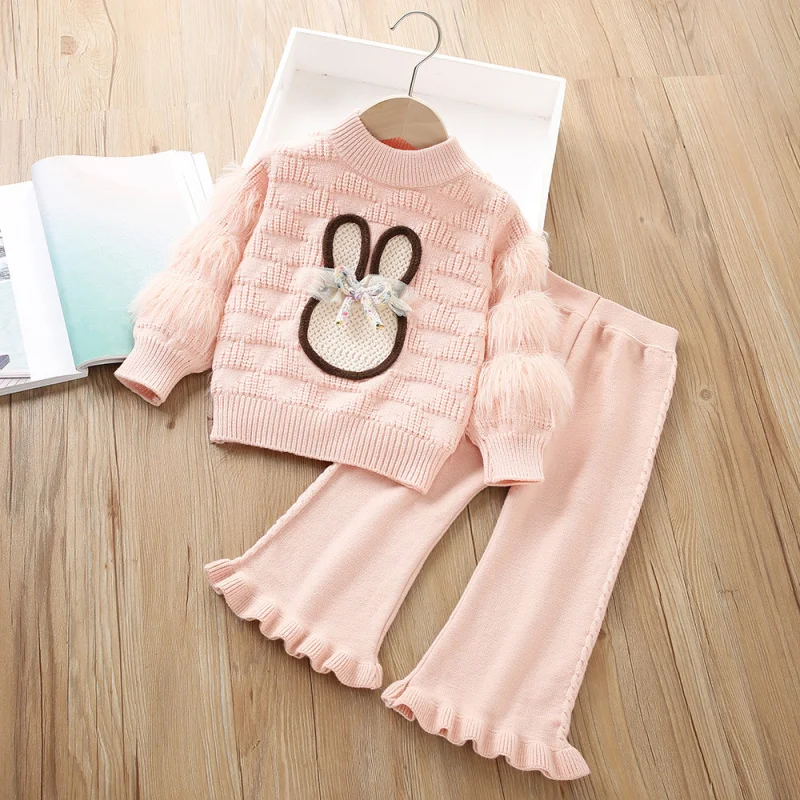 

2024Girls' Autumn and Winter New Korean Style Cute Little Girl Knitted Long Sleeve Western Style Wool Sweater Suit