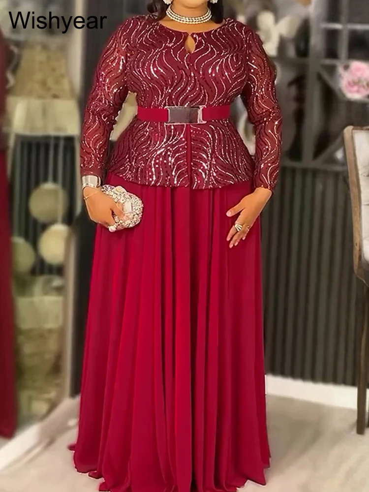 New Luxury Sequined Patchwork pleated Long Dress with Belt Women Long Sleeve Slim Wedding Guest Christmas African Winter Robe