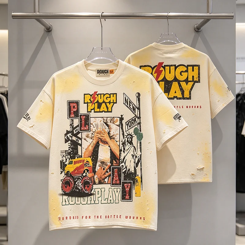 Rough Play New York Statue Liberty Print T‑Shirt Men Distressed Hole Short Sleeve Tee