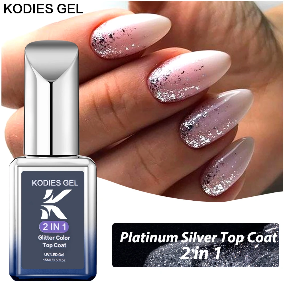 KODIES GEL Platinum Silver Top Coat UV Gel Polish Ultra Brillant Super Shine No Wipe Top Cover 15ml Glitter Nail Material Finish