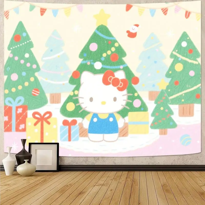 

Рождественский гобелен Sanrio Hello Kitty, кавайная рождественская елка и подарки, настенное искусство, милый праздничный декор для комнаты, подарок для девочек и фанатов