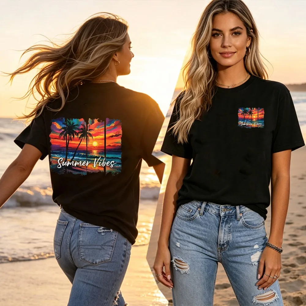 Summer Vibes T-Shirt Women Watercolor Sunset Palm Tree Graphic Tees Casual Short Sleeve Cotton Tops Summer Beach Vacation Shirts