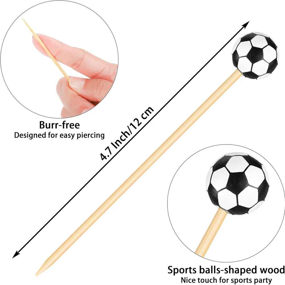 50Pcs Soccer Cocktail Picks Bamboo Fruit Sticks Decorative Football Toothpicks for Appetizers Sports Theme Party Game Day