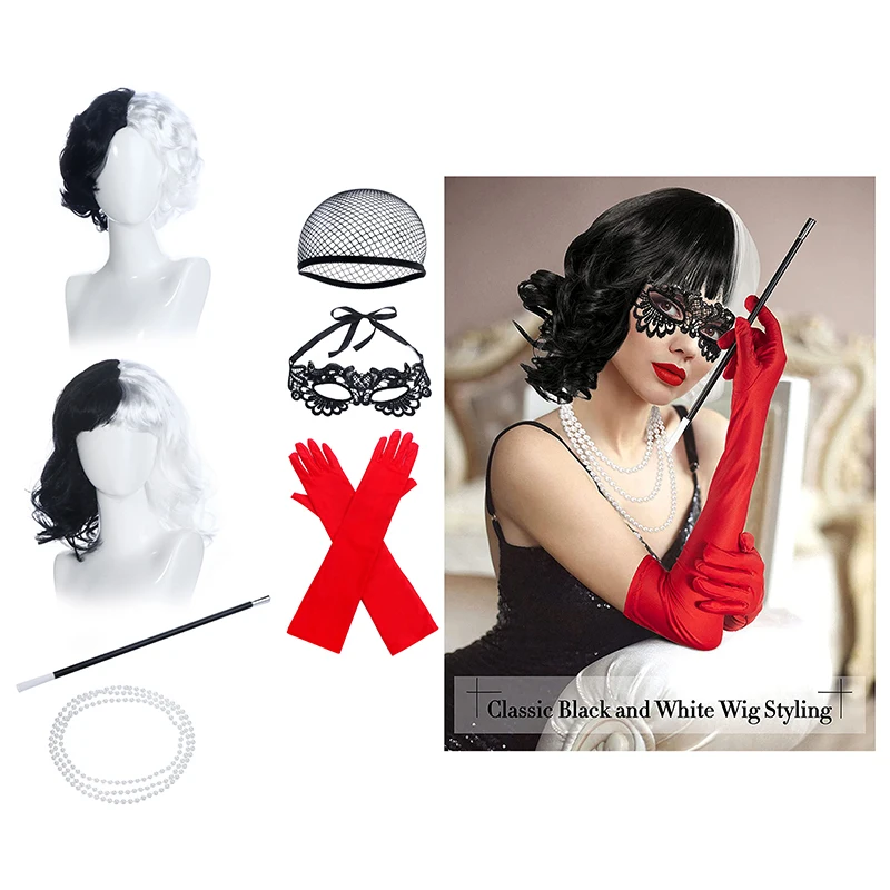 1Set Cruella De Vil Cosplay Prop Black White Wig Eye Mask Gloves Necklace Women Girls Costume Party Decor