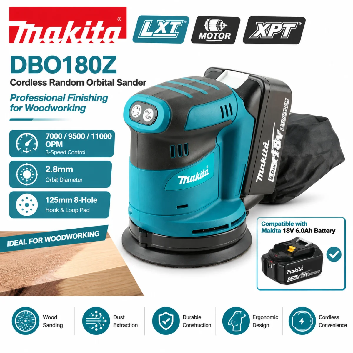 Makita 18V Battery DBO180Z 125mm Orbital Sander Bare Tool with Dust Bag, 3 Speed Adjustable Rechargeable Polishing Grinder
