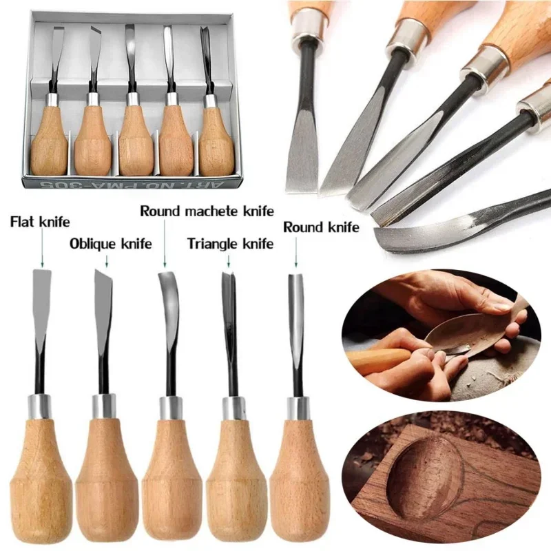 5Pcs New Professional Wood Carving Hand Chisels Tools Set Woodworking Gouges Lather