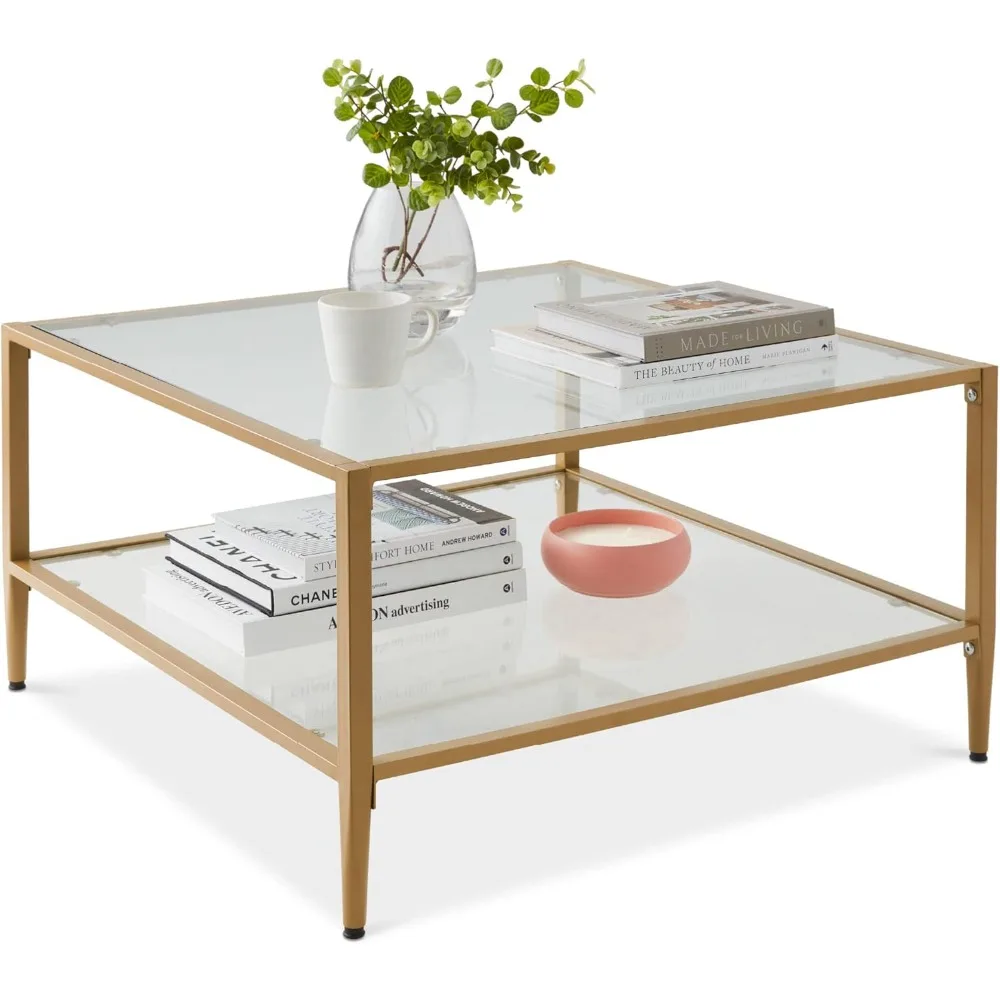 32” Square Glass Coffee Table, Large 2-Tier Accent Furniture for Living Room, Bedroom w/Metal Frame, Glass Shelves - Gold