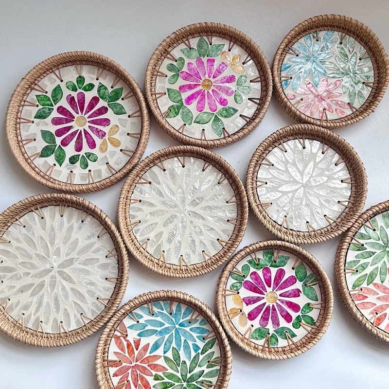 Handcrafted Rattan Shell Tray, Natural Round Shell Storage Basket, Perfume And Aromatherapy Tray, Decorative Dessert  Fruit Tray