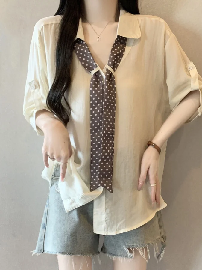 

Thin Polka Dot Silk Scarf V-Neck Shoulder Length Chiffon Shirt Women's Summer New Large Size Fat MM Mid-Length Top