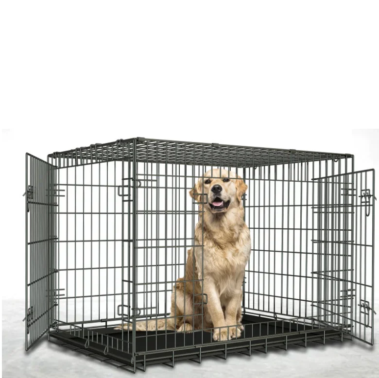 

Folding Pet Cage Single Double Door Leak-Proof Plastic Pan Dog Crates 24/30/36/42/48 Inches Metal Dog Kennel for Big Pets