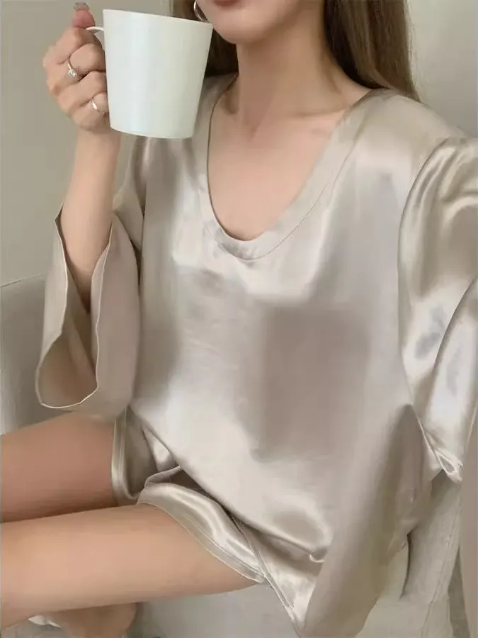 

plus Size Casual Lazy Style Women's Summer Short Sleeve T-Shirt Shorts Set Two Pieces Polyester Fiber round Neck Overhead Wear