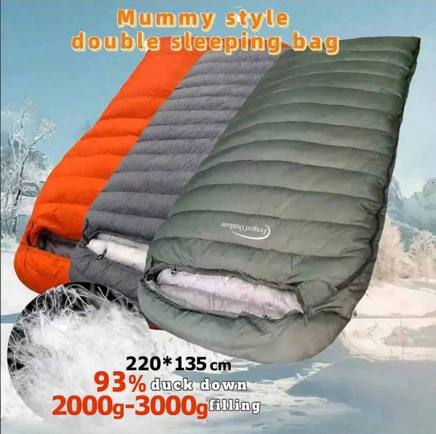 

Outdoor camping, mummy style, double sleeping bag, 93% duck down 2000g filling, thickened, cold-proof and warm, adult sleeping b