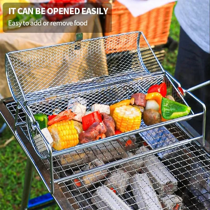 Stainless Steel BBQ Grill Basket Rotisserie Rolling Mesh Cage for Roasting Barbecue Grill Accessory for Even Cooking-A27R