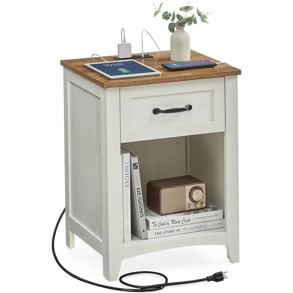 

Farmhouse Nightstand with Charging Station, Bedside Table with Drawer, Open Compartment, Side Table with Storage, for Bedroom