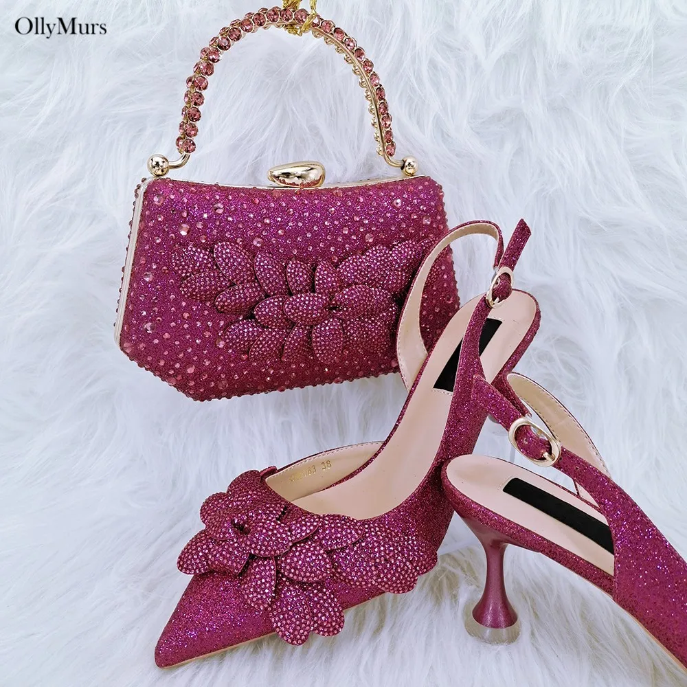 Hot Sale Italian Flowers Rhinestone Sandal Shoes And Bag Set For Party African Style Pumps Shoes And Bag Set Large Size 38-43