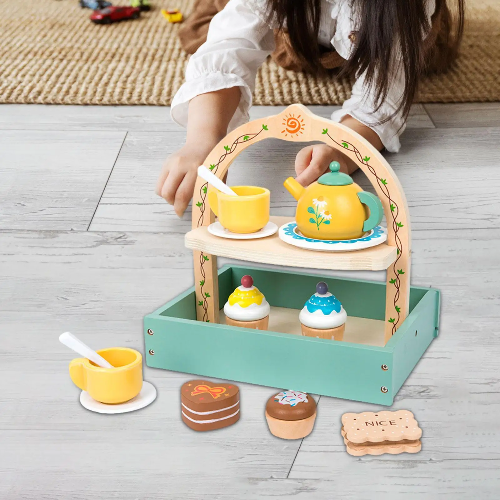 Wooden Tea Party Set Kitchen Accessories Tea Set Wooden Toys for Age 3-6 Kids Children