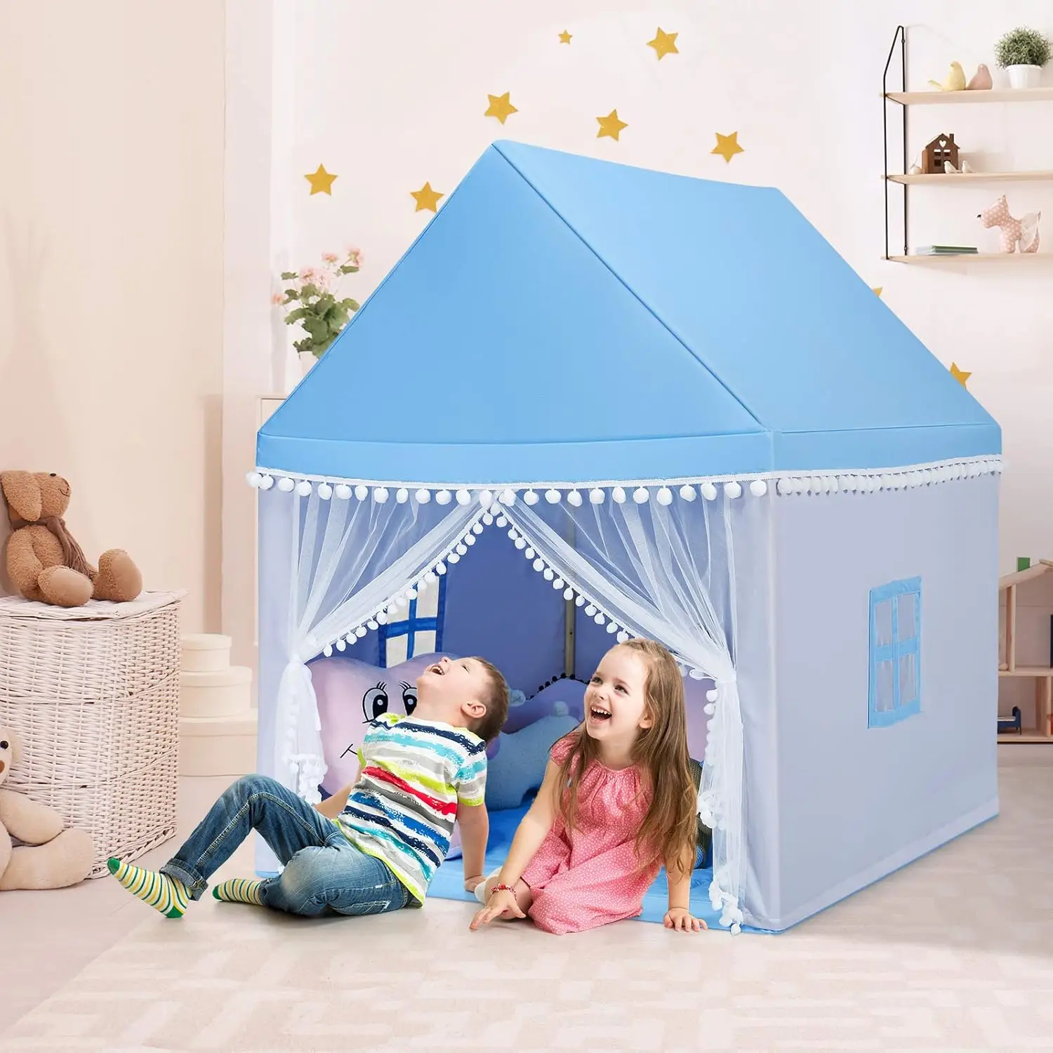 Tente de jeu pour enfants, grande maison de jeu avec tapis lavable, fenêtres, cadre en bois massif, tente de princesse intérieure et extérieure pour enfants garçons et filles