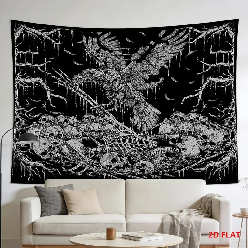 VIKAMA Gothic Skeleton Raven Tapestry, Black White Skull Dead Tree Wall Hanging, Dark Horror Cloth Poster Bedroom Party Decor