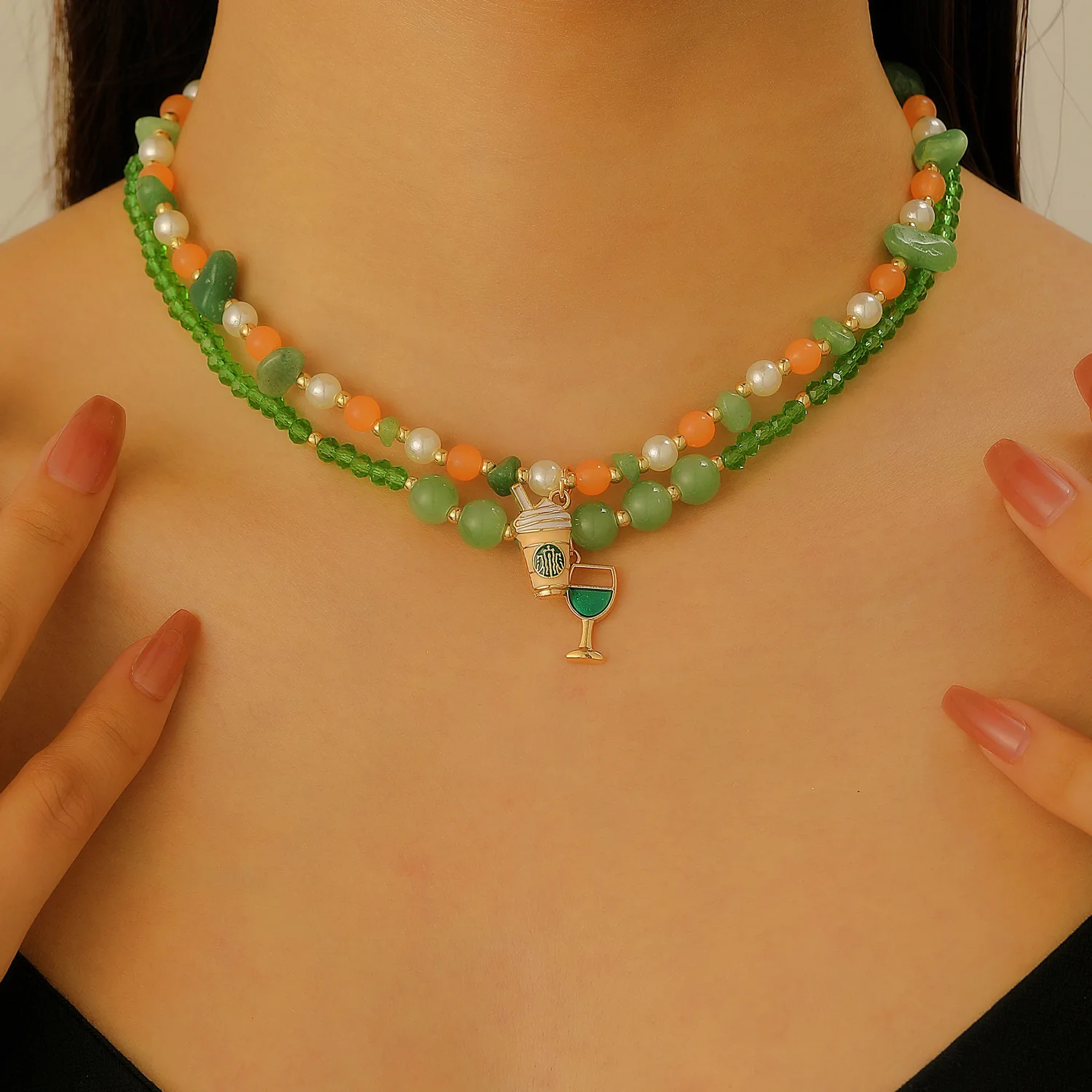 

Natural Green Irregular Stone Beads Chain Sweet Pearl Coffee Cup Beverage Pendant Necklace Jewelry Accessory For Women Girls