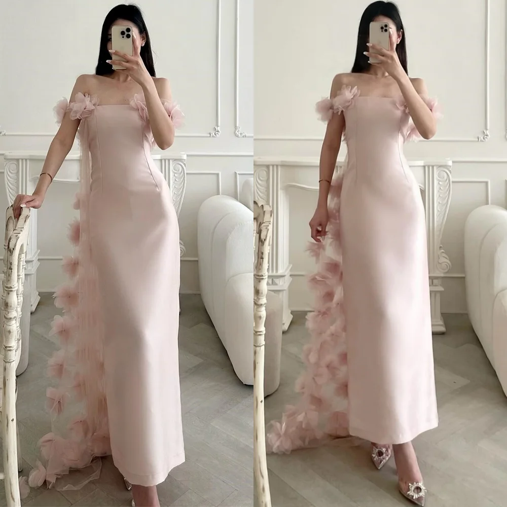 

Customized Elegant Strapless Off the Shoulder Evening Dress Simple Pink Satin Celebrity Gowns Exquisite Flowers Evening Gowns